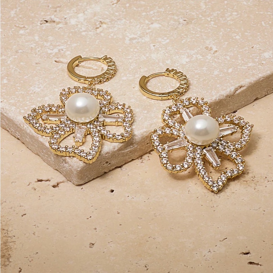 Untamed Petals Holly Pearl & Crystal Flower Drop Earrings